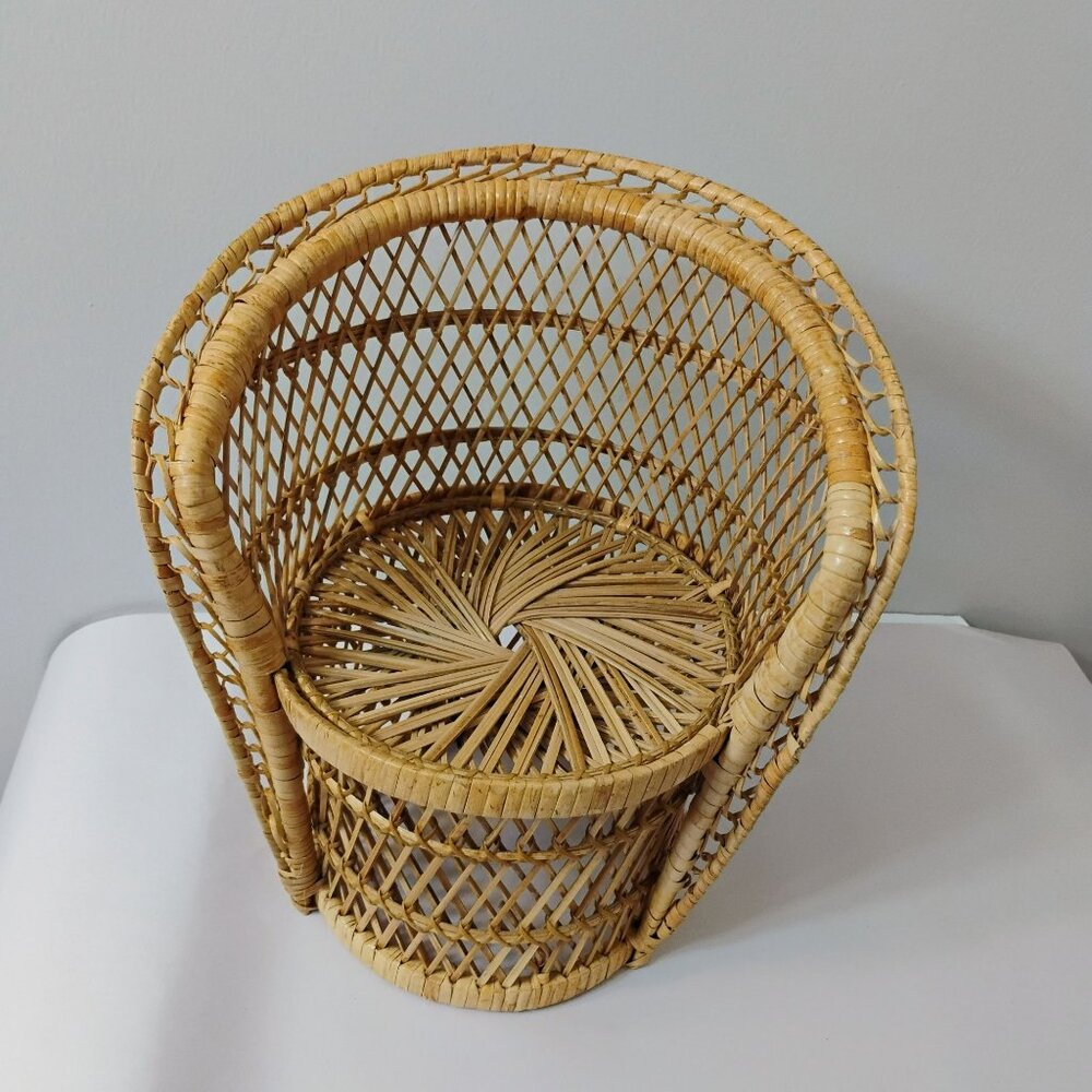 Vintage Wicker Peacock Doll Chair, Rattan Plant Stand, Hippie Boho Fan Back - Picture 2 of 8